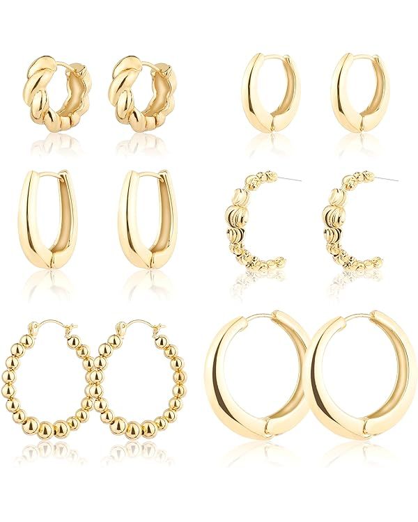 Wgoud 6 Pairs 14K Gold Hoop Earrings Set for Women Lightweight Chunky Hoop Earrings Hypoallergeni... | Amazon (US)