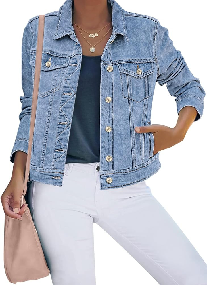 luvamia Women's Basic Button Down Stretch Fitted Long Sleeves Denim Jean Jacket | Amazon (US)