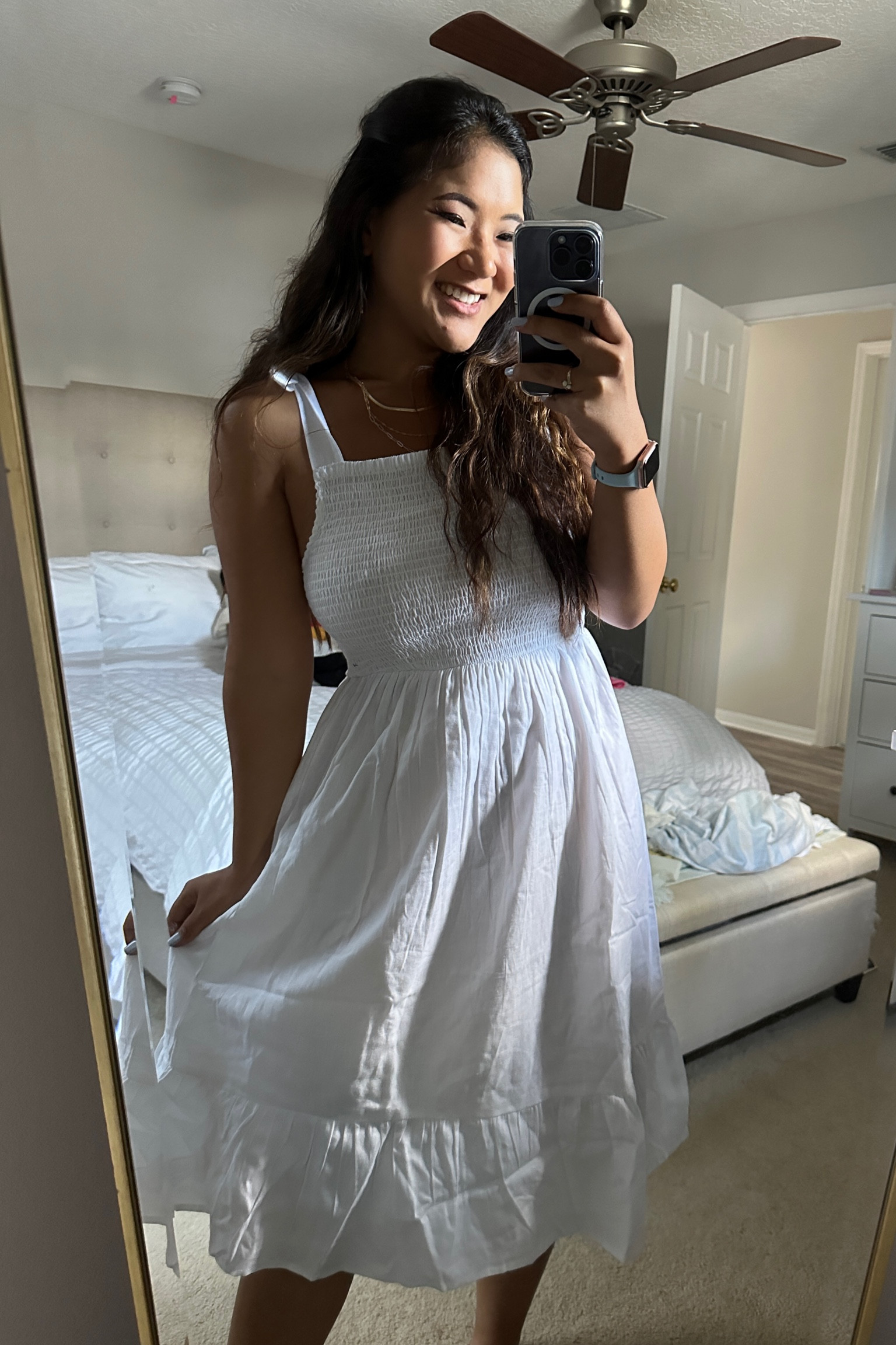 Boohoo Tie Strap Shirred Bust Cotton Midi Dress wearing size 8 