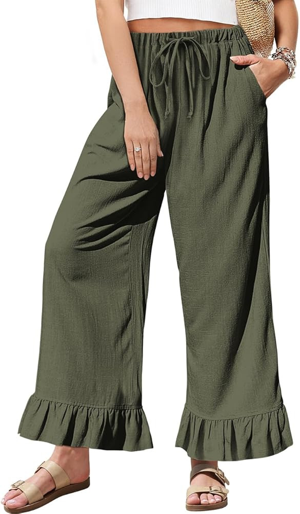 TARSE Women\u2019s Linen Casual Pants Flared Leg Wide Leg Drawstring Ruffle Harem Palazzo Pants w... | Amazon (US)
