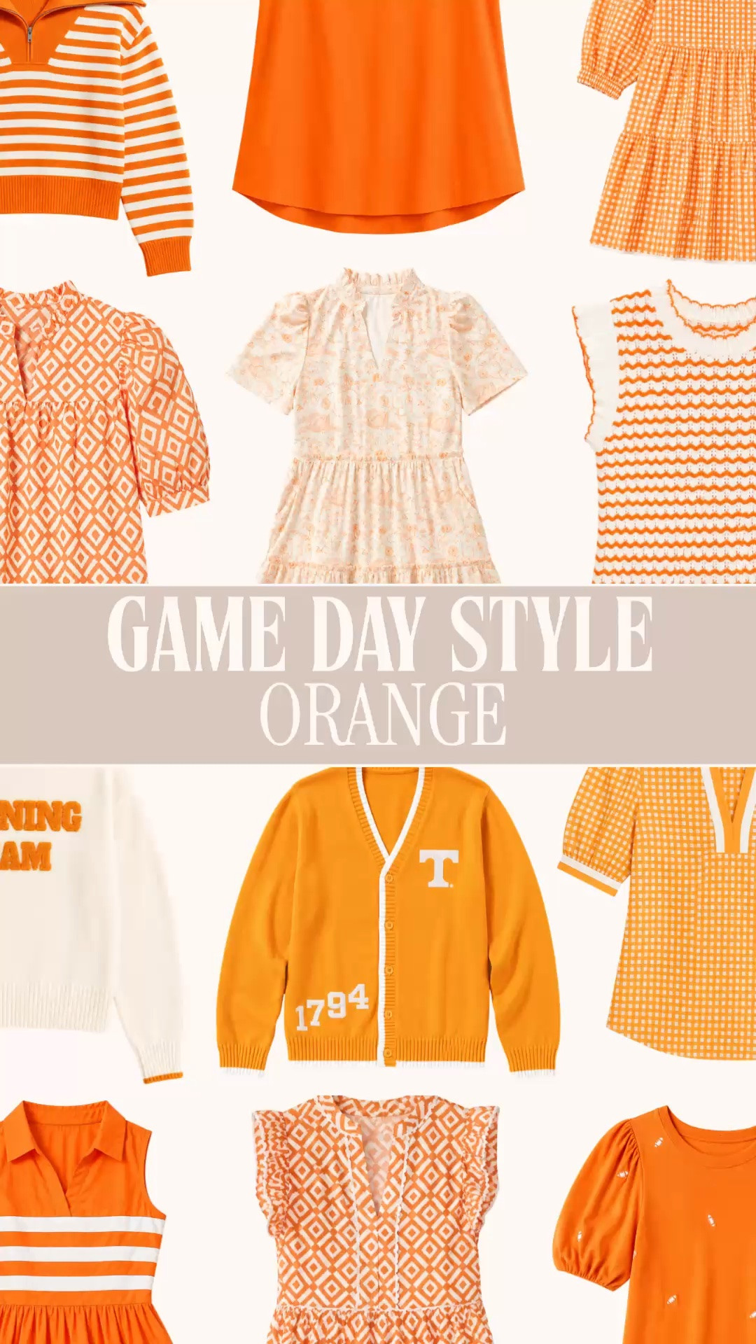 Orange game day outfits | Tennessee game day outfit | college football outfits women | NFL game day outfit

Orange game day style for college football Saturdays and NFL Sundays. I found dresses, sweaters, cardigans, blouses and orange and white tops that bring team spirit through gingham, stripes, collegiate graphics and feminine details.

The mix covers hot early season tailgates and cooler stadium days with puff sleeve dresses, sleeveless knits, printed tops, striped sweaters and varsity cardigans. Pair them with white jeans, denim shorts, skirts or sneakers for tailgates, watch parties, alumni weekends, homecoming, school spirit days and football mom outfits.

Depending on the exact orange shade, these finds work for Tennessee Volunteers, Clemson Tigers, Oklahoma State Cowboys, Syracuse Orange, Auburn Tigers, Florida Gators, Oregon State Beavers and Texas Longhorns color stories. NFL fans can use the same collection for Cincinnati Bengals, Denver Broncos, Cleveland Browns and Chicago Bears outfits.

This collection carries orange team style from September heat through late fall football without requiring an entirely different wardrobe for every kickoff.

orange game day outfit, Tennessee game day outfit, Tennessee Vols outfit women, college football outfit women, NFL game day outfit women, football game outfit women, tailgate outfits women, Clemson game day outfit, Texas Longhorns outfit, Bengals game day outfit, Broncos game day outfit, orange game day dress, orange football sweater, varsity cardigan women, preppy game day outfit, football mom outfit, stadium outfit women, watch party outfit, fall outfits women

#LTKFindsUnder100 #PreppyStyle #LookForLess #GameDayOutfits #GameDayDress #FootballSeason #FootballGameOutfit #TailgateOutfit

#LTKootd #LTKSeasonal #LTKTravel