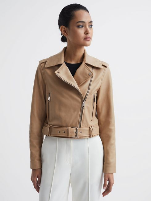 Reiss Neutral Tyler Leather Biker Jacket | Reiss US