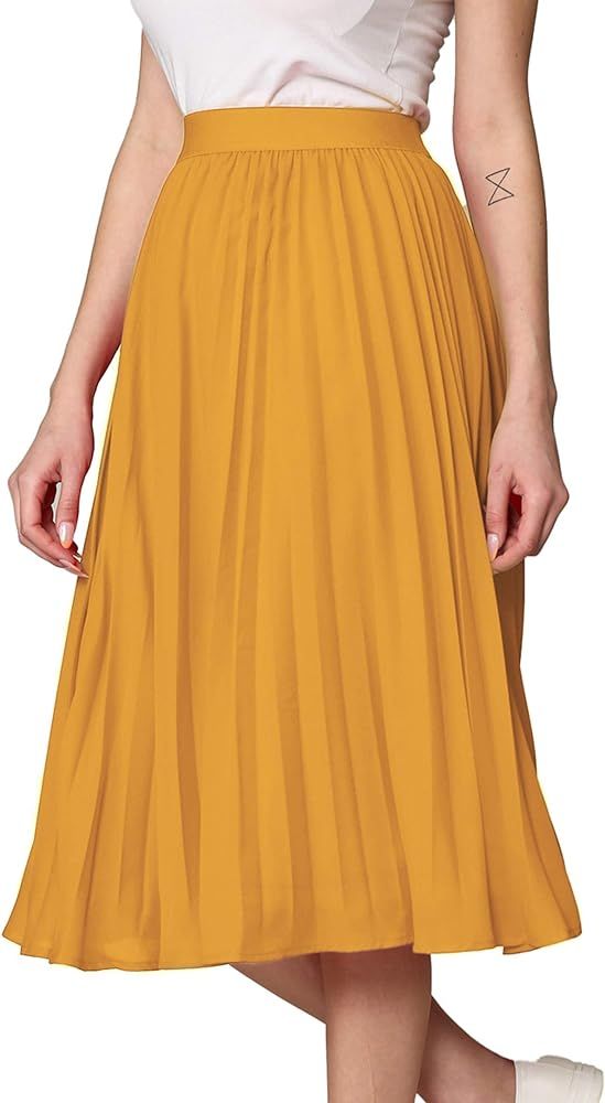 Made By Johnny Women's High Elastic Waist Pleated Mid A-Line Swing Skirt | Amazon (US)