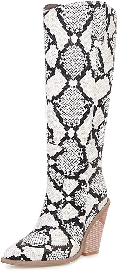 MeiLuSi Snake Print Western Knee High Boots Chunky Stacked Heel Pointy Toe Cowboy Cowgirl Boots | Amazon (US)