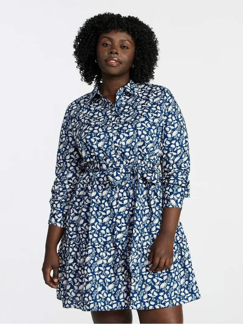 Terra & Sky Women's Plus Size Tiered Shirt Dress with Long Sleeves, Sizes 0X-5X | Walmart (US)