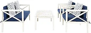 SAFAVIEH Outdoor Collection Nunzio Off-White/Navy Blue Cushion 4-Piece Conversation Patio Set wit... | Amazon (US)