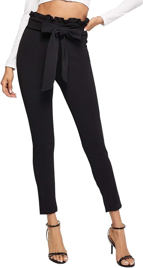 Floerns Women's Stretchy Workwear Office Skinny Pants with Belt | Amazon (US)