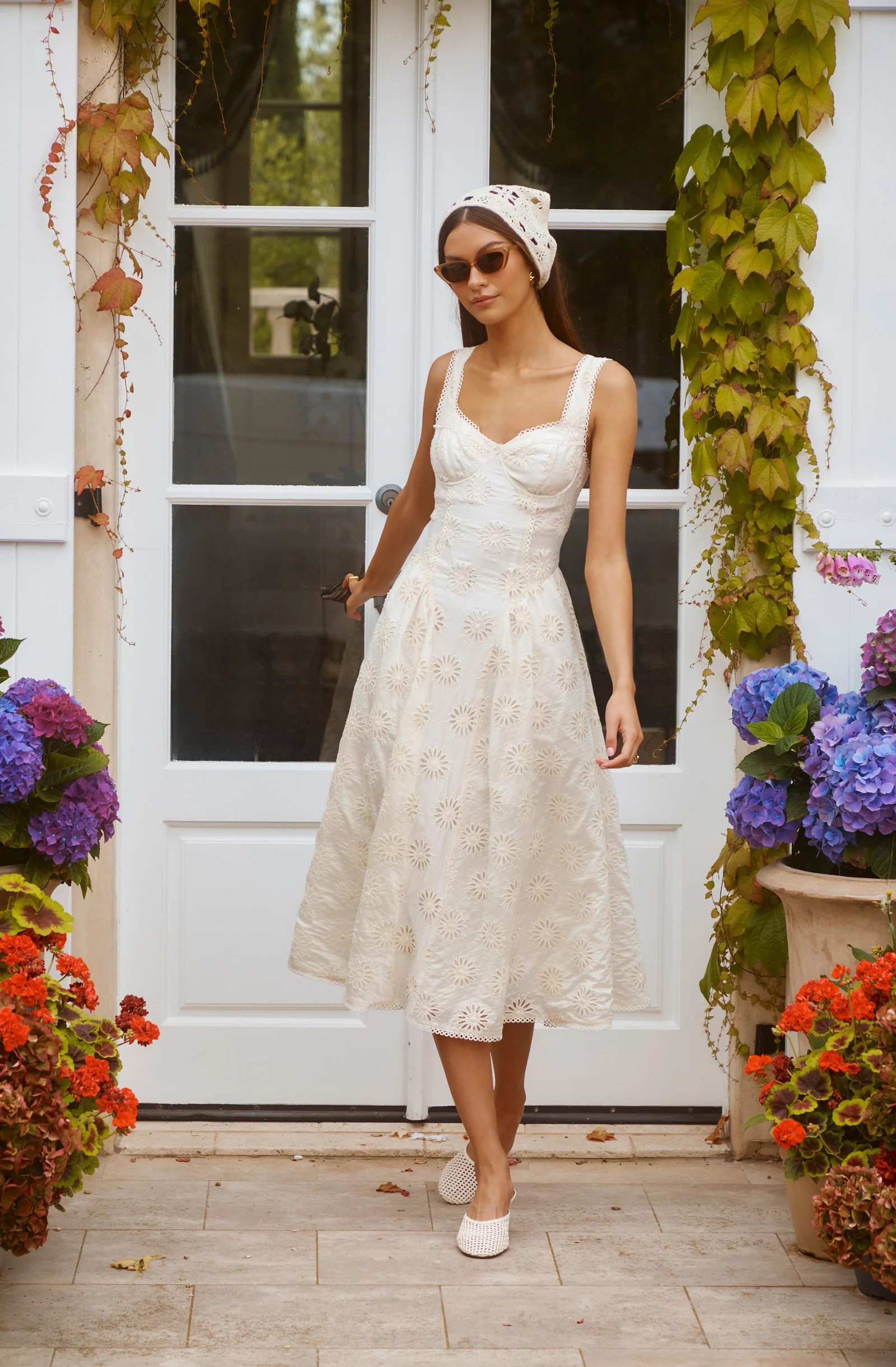 Caerwyn Eyelet Embroidery Sweetheart Midi Dress | ASTR The Label (US)