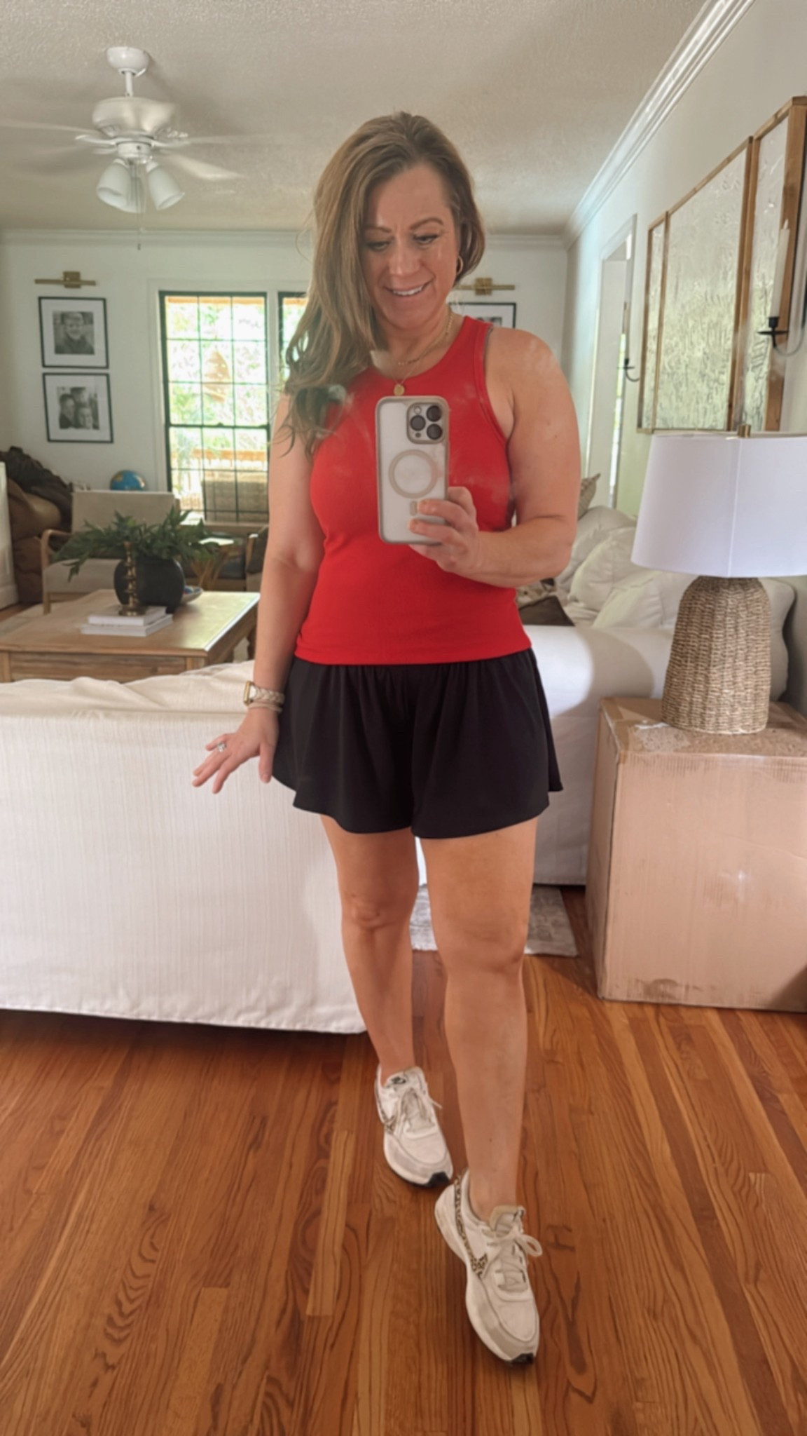 Today’s OOTD
Athleisure style 

•Flowy shorts with crossover waistband and built-in biker shorts with pocket 
•Racerback tank- just $3.98
•Nike sneakers 
•No show socks (never slip down)
•Hoop earrings- I wear almost daily 
•Layered necklaces 
•Favorite bra- no underwire but with all the support and the straps convert to criss cross for Racerback tops 

Tank and shorts I am in small, 
Bra-I am a 32D and wear a small , Nikes I always size up 1/2 size from my normal 

#LTKSeasonal #LTKPetite #LTKActive