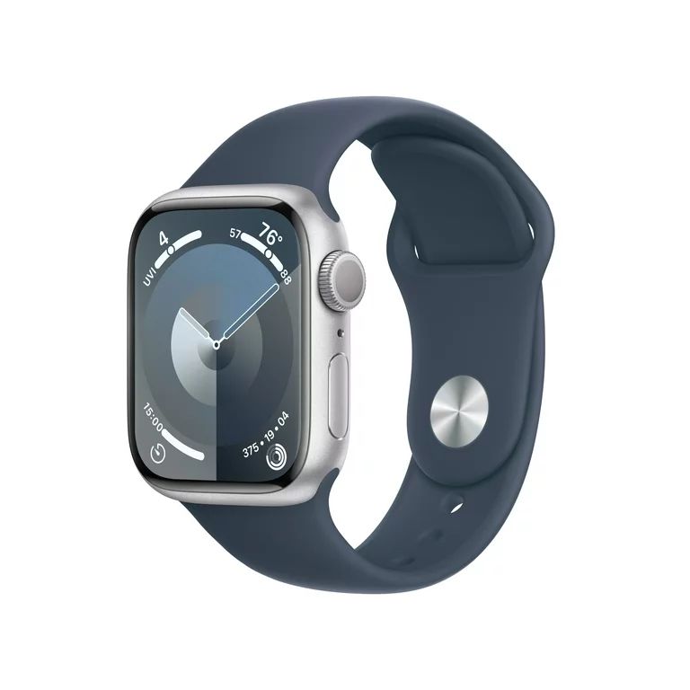 Apple Watch Series 9 GPS 41mm Silver Aluminum Case with Storm Blue Sport Band - S/M | Walmart (US)