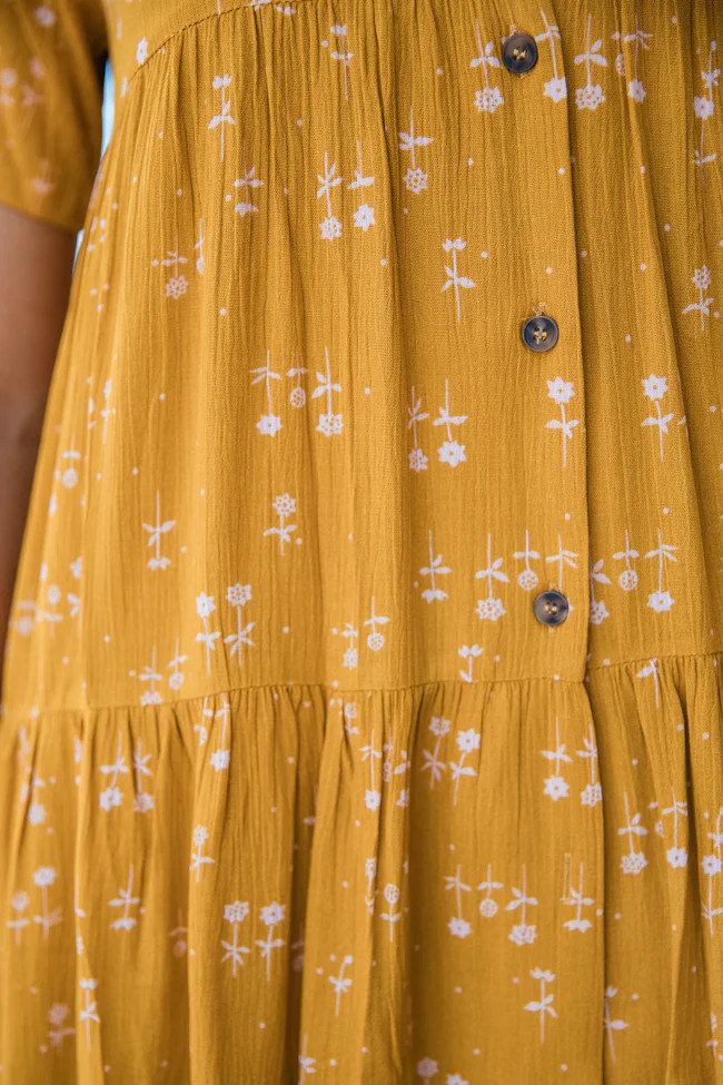 Modern Muse Mustard Floral Print Button Up Dress | Pink Lily
