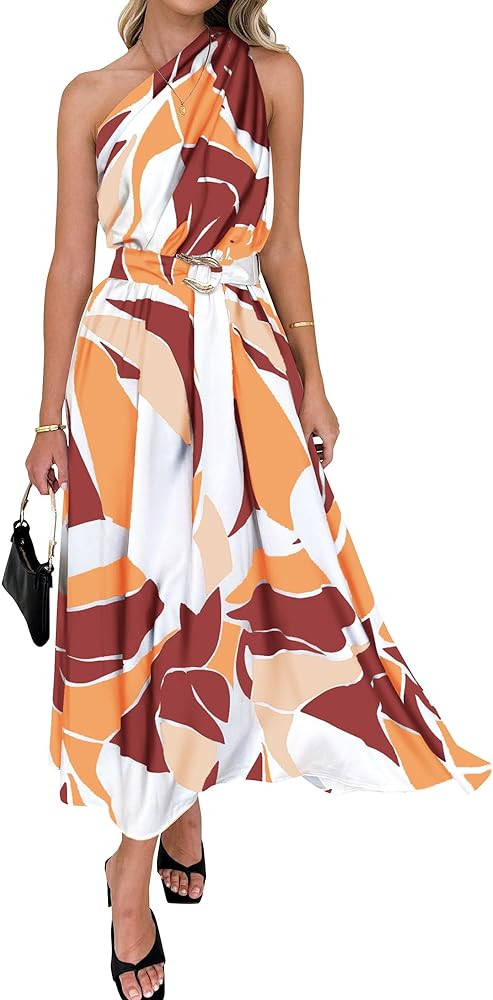 BTFBM Women's Sleeveless One Shoulder Dress Resort Outfits Casual Summer Maxi Sundress Print Belt... | Amazon (US)