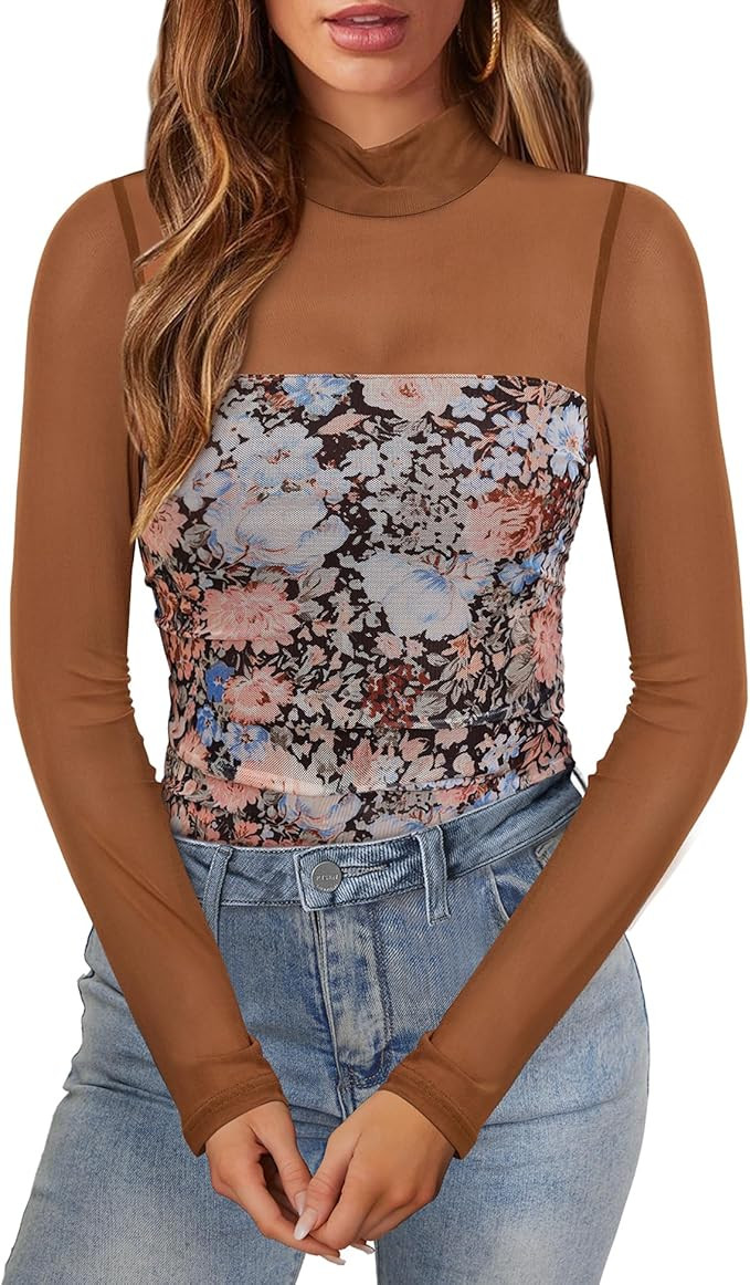 Women Sexy Mock Turtle Neck Long Sleeve Tops Lace Sheer See Through Shirt Mesh Ruched Going Out B... | Amazon (US)