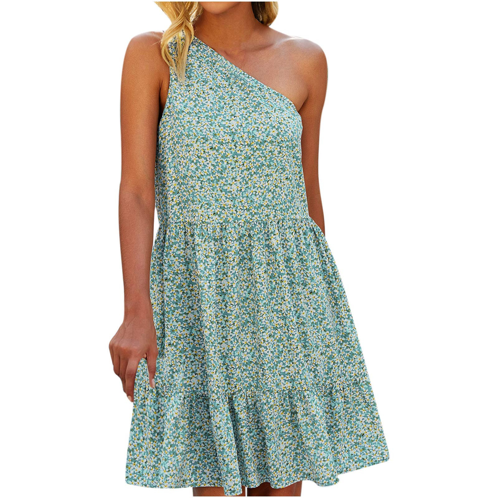 2021 Women’s Summer Dress, Casual Loose Sexy One-Shoulder Sleeveless Knee-Length Dress Beach Pa... | Amazon (US)