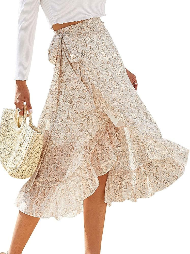 ThCreasa Womens Boho Floral Print High Waisted Wrap Skirts Ruffle Hem Tie Knot Summer Chiffon Flowy  | Amazon (US)