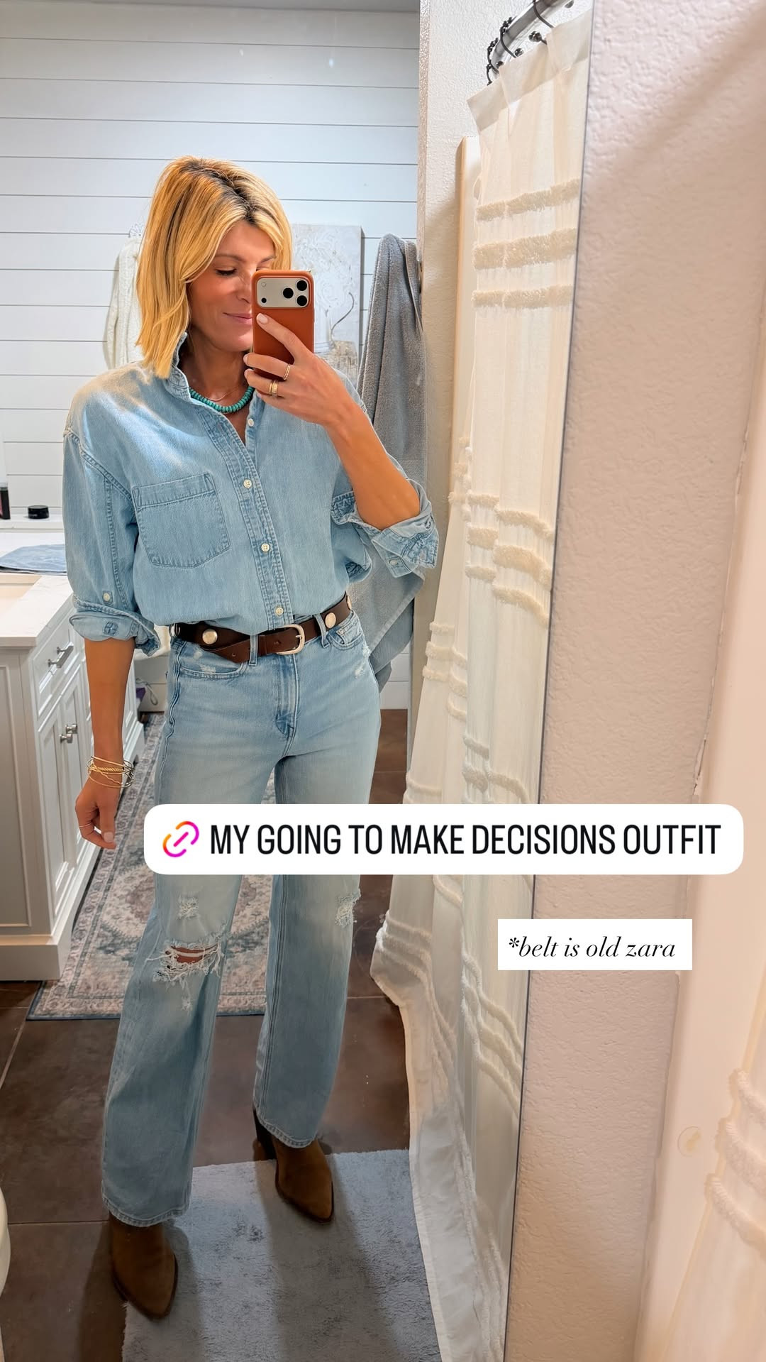 My current go-to outfit 🤍 Denim button-up (this exact color is sold out, but I linked a similar option), AYR jeans on sale, suede boots, a classic belt, and a beaded necklace. 

 #LTKgrwm #LTKootd