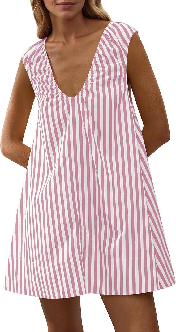 Women's Sleeveless Babydoll Tank Mini Dress Scoop Neck Ruched Bubble Dress with Pockets Short Sum... | Amazon (US)