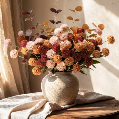 Lewondr 9Pcs Orange Faux Silk Pompon Mum Fall Flowers with 8 pcs Eucalyptus | Amazon (US)
