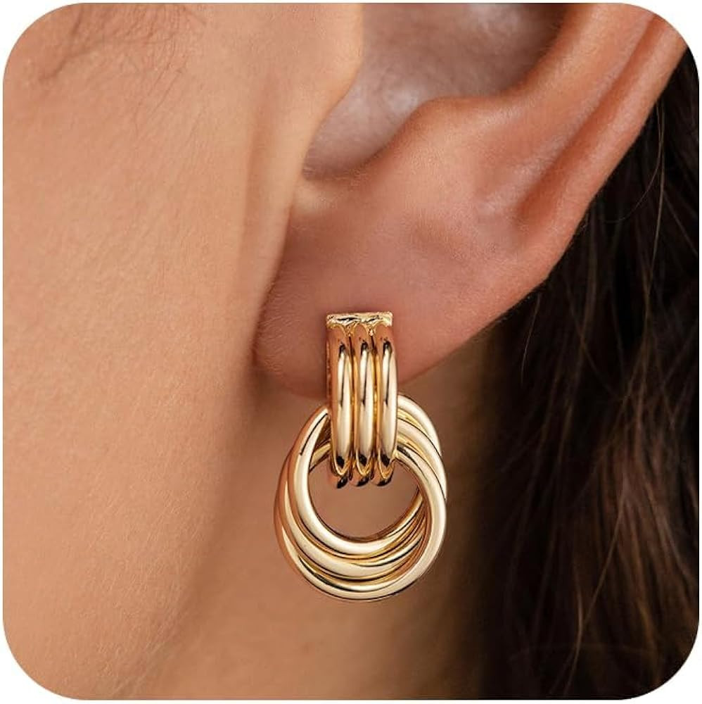 HANLI 14K Gold Plated Chunky Statement Earrings for Women Trendy - Dainty Gold Flower Leaf Oval C... | Amazon (US)