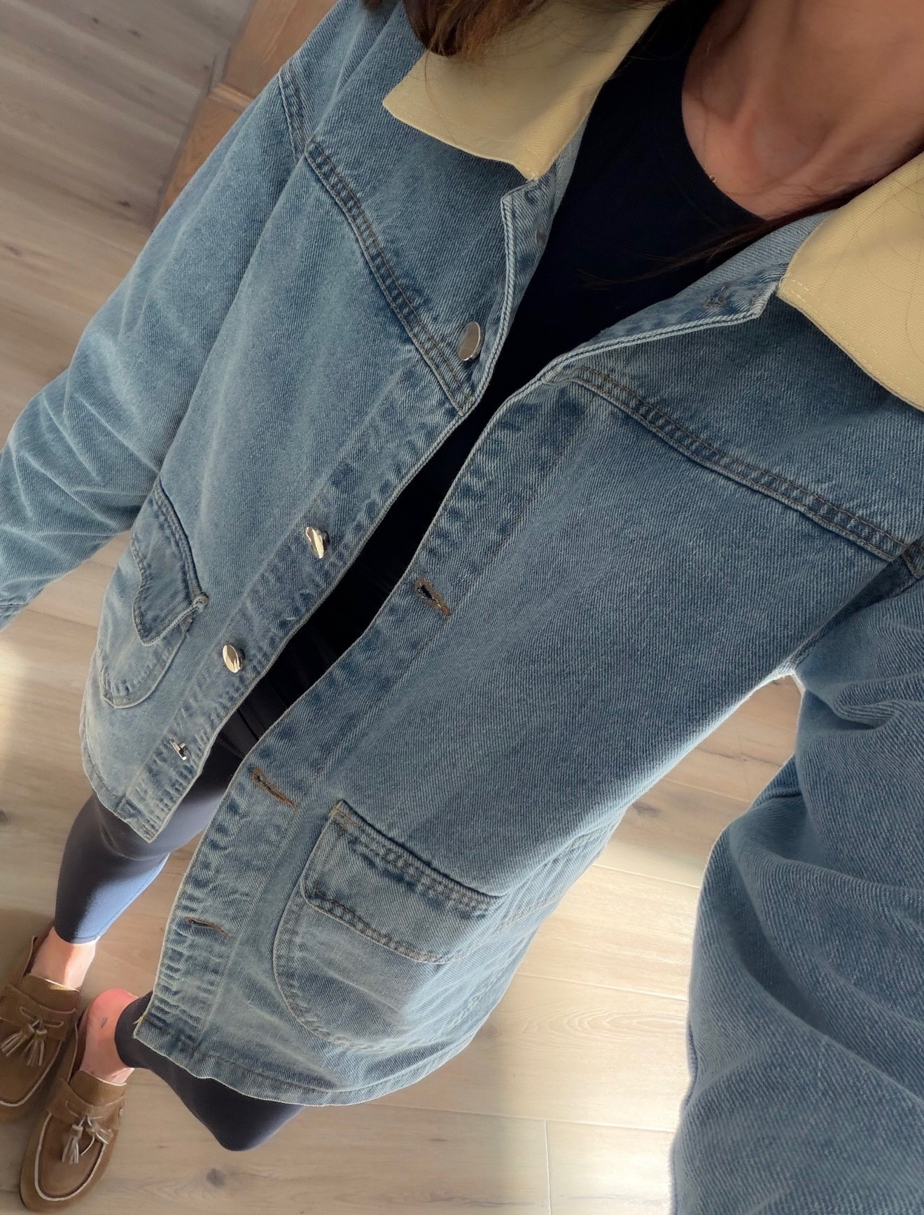 Denim jacket, denim shacket, outfit with leggings, suede mules, spring outfit, amazon finds, annabrstyle

#LTKOver40