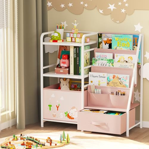 BBLIKE Kids Bookshelf and Toy Storage Organizer - 4 Tier Book Shelf with Movable Toy Box for Kids Rooms, Ideal Bookcase and Toy Organizer for Playroom, Bedroom, Nursery（Pink） | Amazon (US)