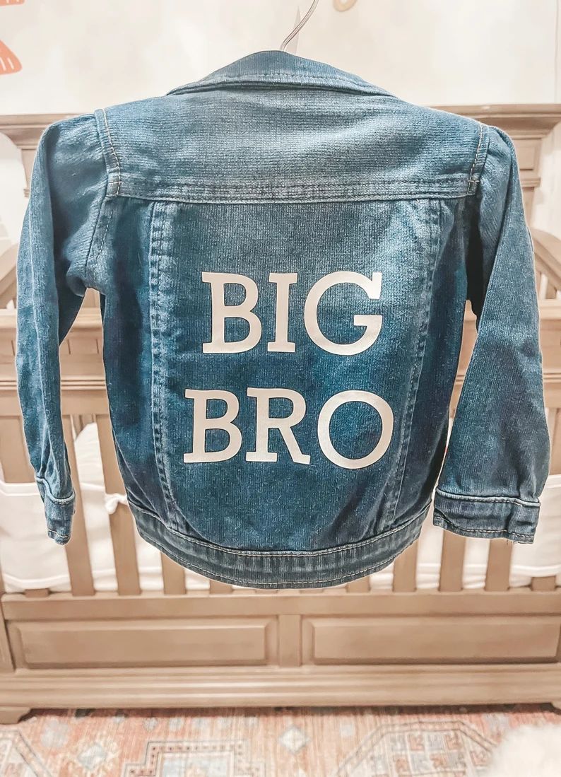 Big Sister/Big Brother Baby Announcement, Customized Name Baby/Toddler Denim Jacket Baby Shower G... | Etsy (US)