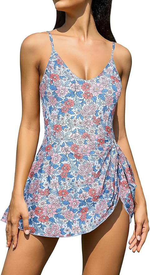 SHEKINI Women's Tummy Control One Piece Swimdress Drawstring Bathing Suits V Neck Swimwear | Amazon (US)