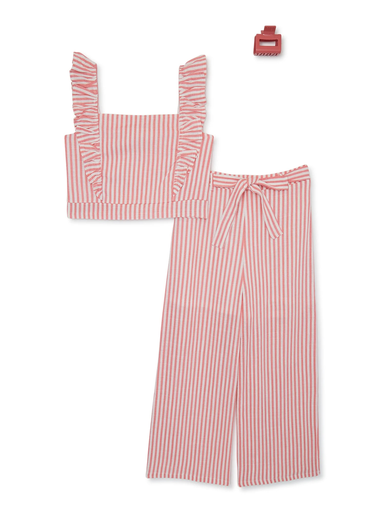 Btween Girls Ruffle Top and Wide Leg Pants Set with Hair Clip, 2-Piece, Sizes 7-12 - Walmart.com | Walmart (US)