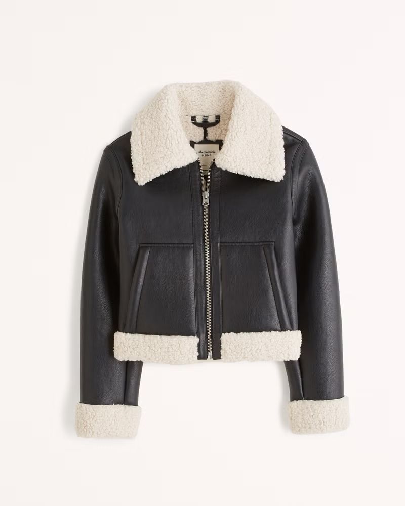 Women's Sherpa-Lined Vegan Leather Shearling Jacket | Women's New Arrivals | Abercrombie.com | Abercrombie & Fitch (US)