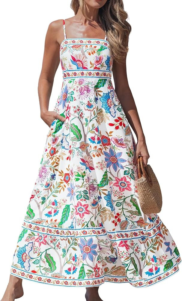 popvil Women Summer Maxi Dress 2026 Spaghetti Strap Long Beach Dress Boho A-Line Flowy Casual Sle... | Amazon (US)