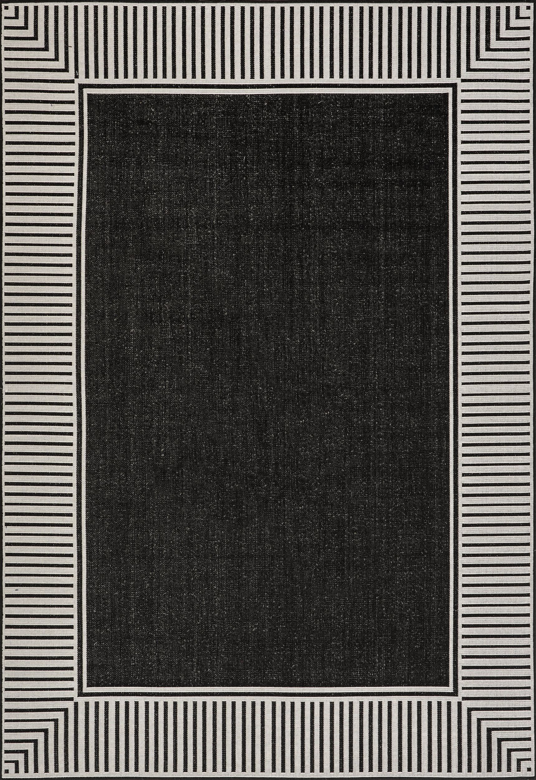 Black Striped Border Indoor/Outdoor Flatweave 6' 7"" x 9' rug | Rugs USA