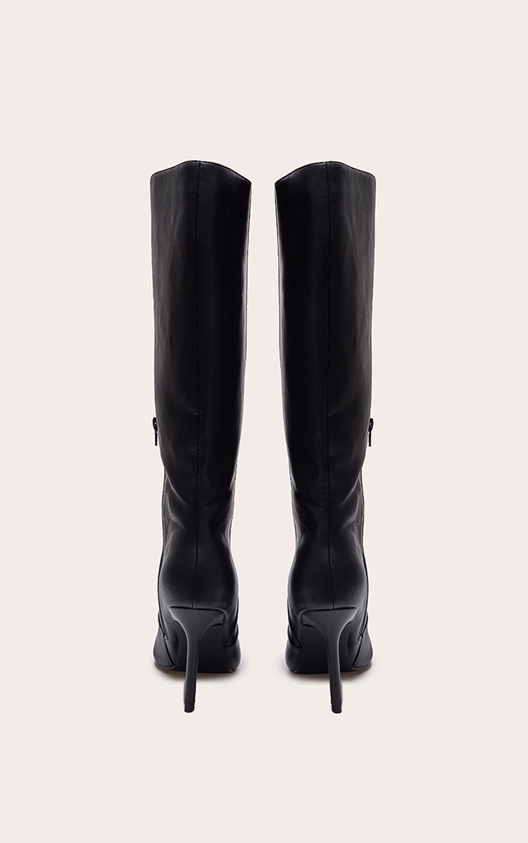 Black PU Wide Fit Point Toe Knee High Boots | PrettyLittleThing US