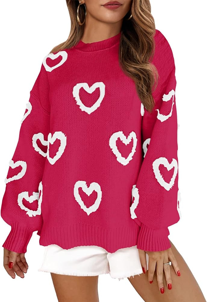 Saodimallsu Womens Heart Sweater Valentines Oversized Cute Winter Chunky Knit Crew Neck Side Slit... | Amazon (US)