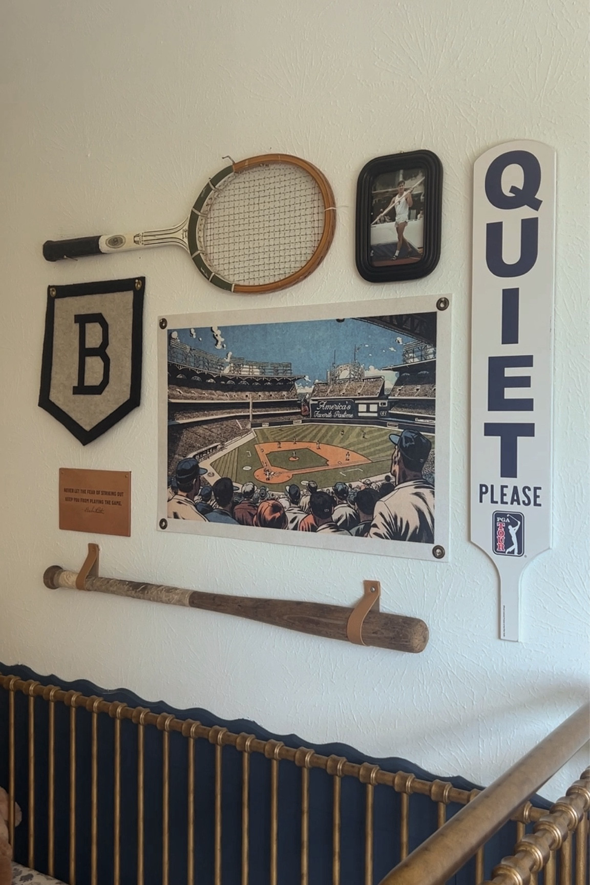 Quiet please sign is from Hobby Lobby, baseball bat and racket are an antique find, linking everything else for a vintage sports nursery theme.

#LTKBaby #LTKHome #LTKBump