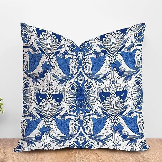 ArogGeld White and Blue Flower Damask Cushion Cover Damask Floral Geometry Indigo Blue Square Thr... | Amazon (US)