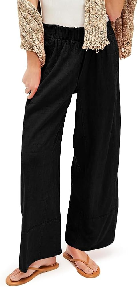 Yousify Women's Summer Wide Leg Pants Casual Loose Elastic Hight Waisted Cotton Palazzo Pants Bea... | Amazon (US)