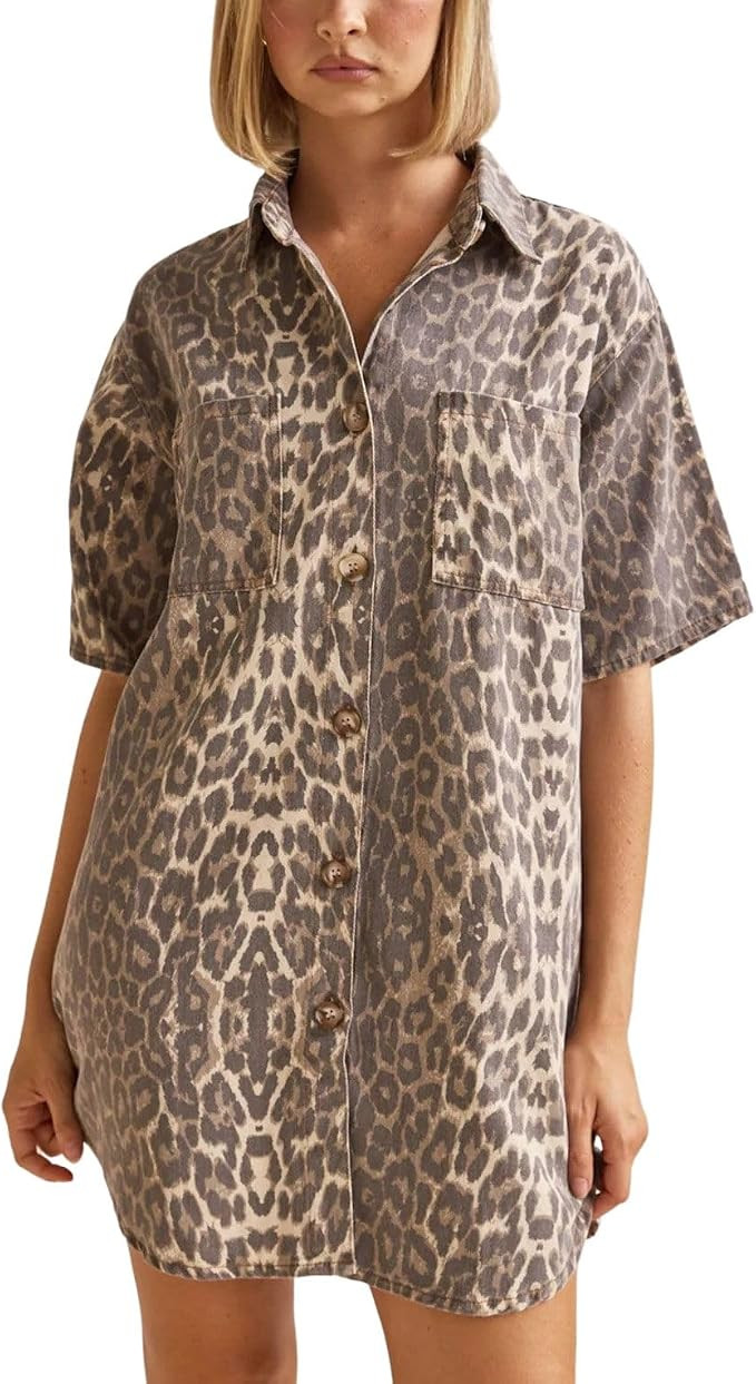 chouyatou Women's Vintage Leopard Denim Button Down Shirt Dress Casual Short Sleeve Distressed Je... | Amazon (US)