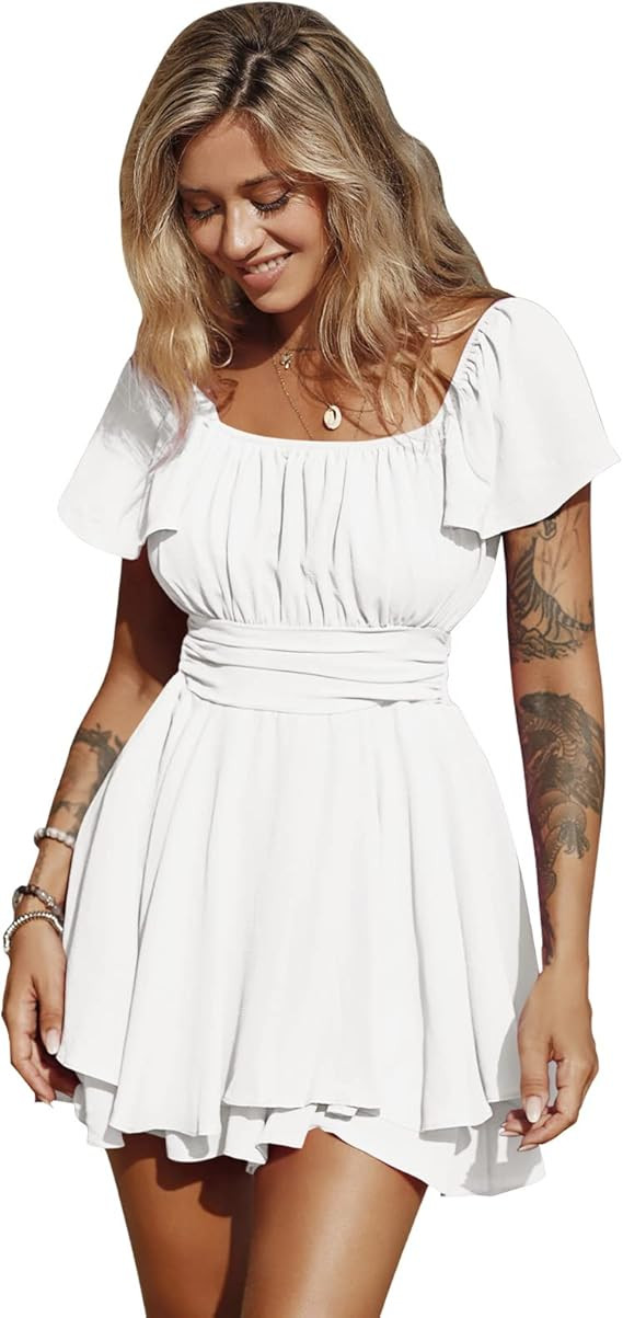 EXLURA Women's 2024 Summer Ruffle Short Sleeve Tie Back Romper Dress Square Neck A Line Cute Dres... | Amazon (US)