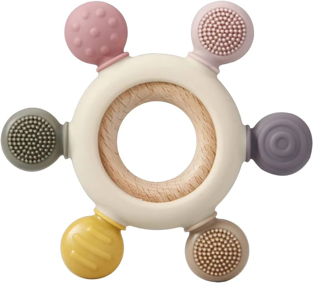 PandaEar Baby Teething Toys - Silicone Rudder Toy with Wooden Rings for Soothing Teething Pain Re... | Amazon (US)