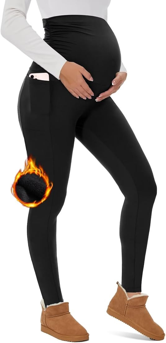 UBCUTE Maternity Fleece Lined Leggings with Pockets Over Belly,Thermal Womens Pregnancy Workout P... | Amazon (US)