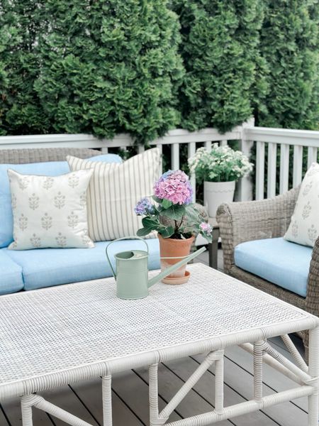 Spring porch refresh. Block print pillows, striped pillows, outdoor throw pillows, terra cotta pot, garden tools, watering can, spring refresh, patio, outdoor entertaining, spring 

#LTKhome #LTKSeasonal