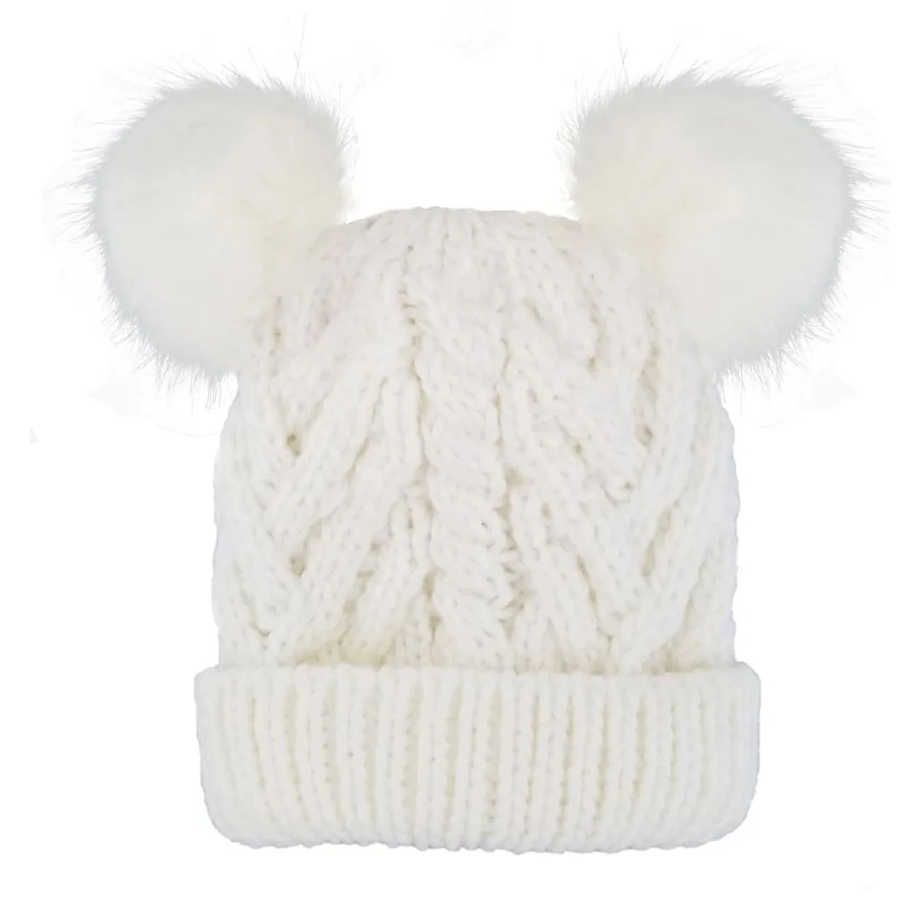 Cable Knit Double Pom Hat, White | SpearmintLOVE