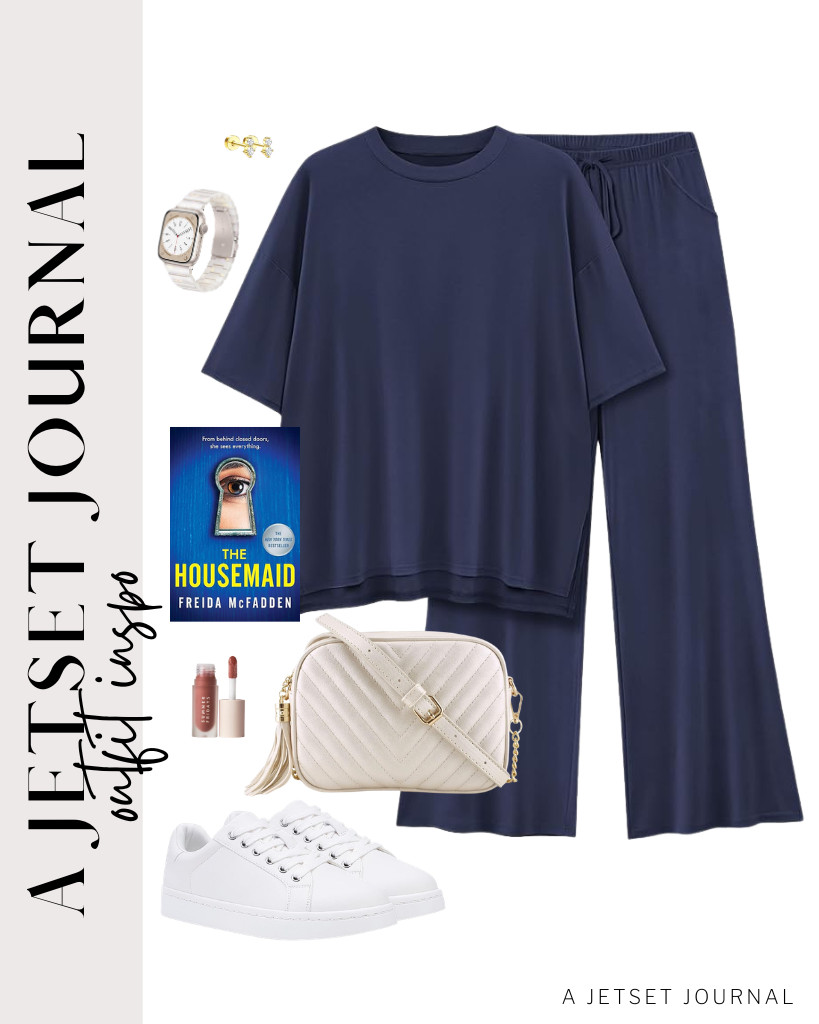 Style a navy blue AmazingStar’s matching loungewear with casual sneakers and a crossbody bag with a metal chain strap. It looks elegant with this white Apple Watch band and a flat back earrings set. 

 #LTKSeasonal #LTKSaleAlert #LTKTravel
