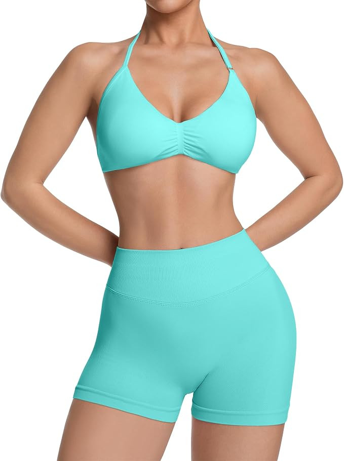 Comper 2 Piece Workout Sets for Women Halter Strappy Sports Bra with Seamless Ribbed Gym Yoga sho... | Amazon (US)