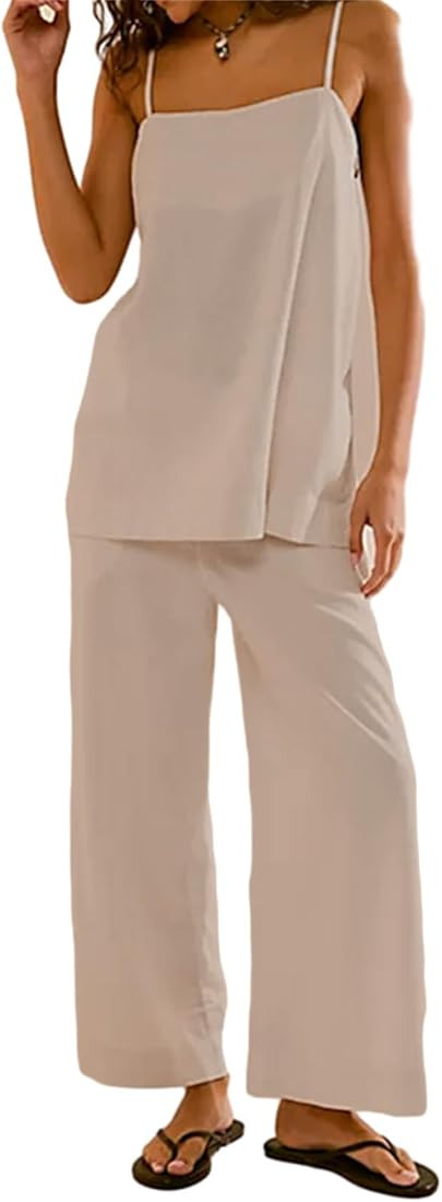 PAODIKUAI Women's 2 Piece Outfits Summer Sets Sleeveless Square Neck Tank Top Wide Leg Pants Matc... | Amazon (US)