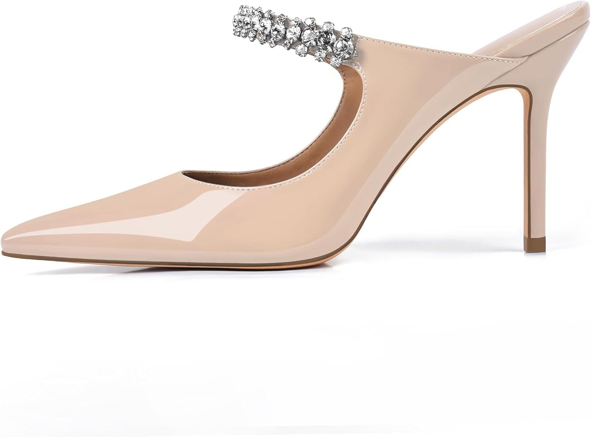 XINIUNIU Heeled Mules for Women Rhinestone Heels Pointed Toe Slip On 4 Inch Stiletto Closed Toe S... | Amazon (US)