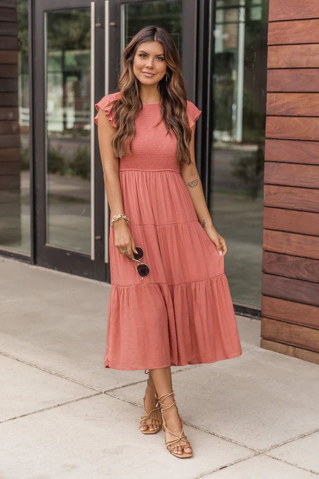Turn Of Events Coral Tiered Midi Dress | The Pink Lily Boutique