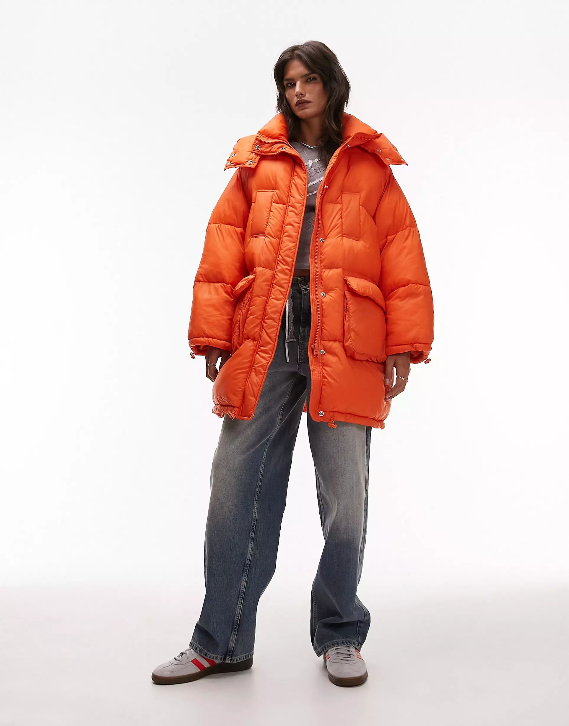 Topshop oversized hooded puffer jacket with front pockets in bright orange | ASOS (Global)
