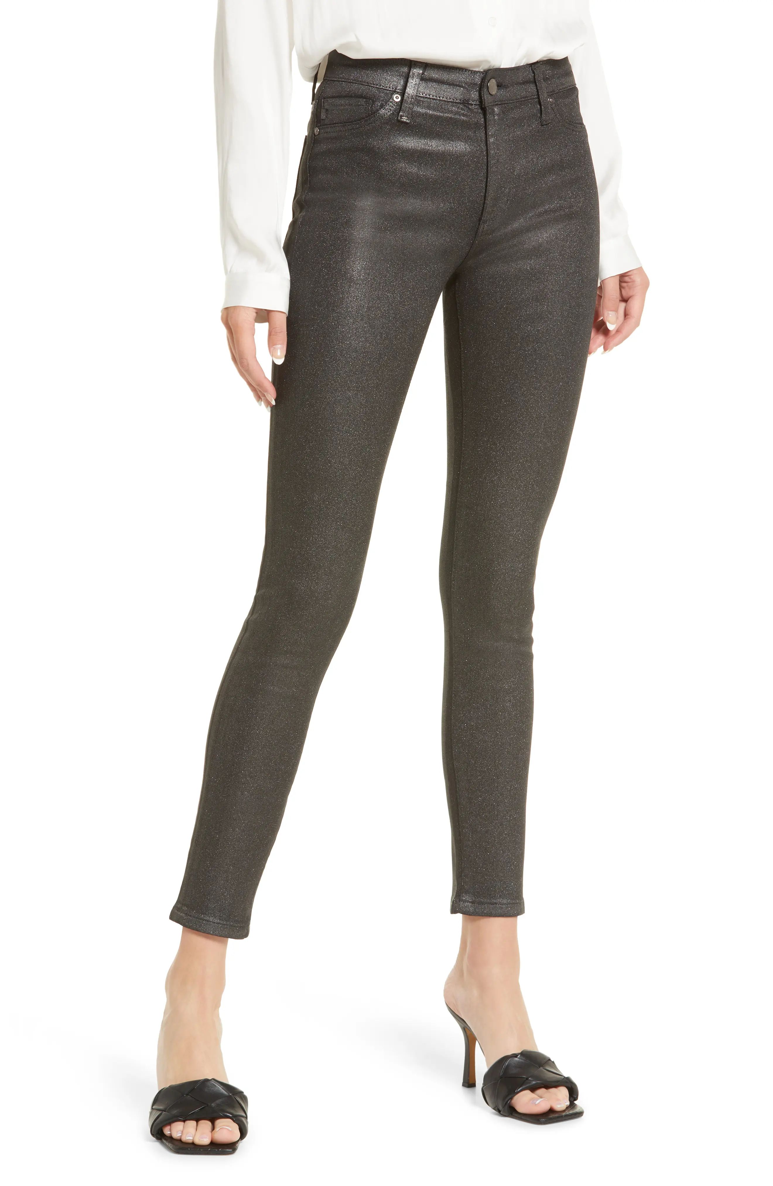 AG The Farrah High Waist Ankle Skinny Faux Leather Pants in Luminous Gunmetal at Nordstrom, Size 33 | Nordstrom