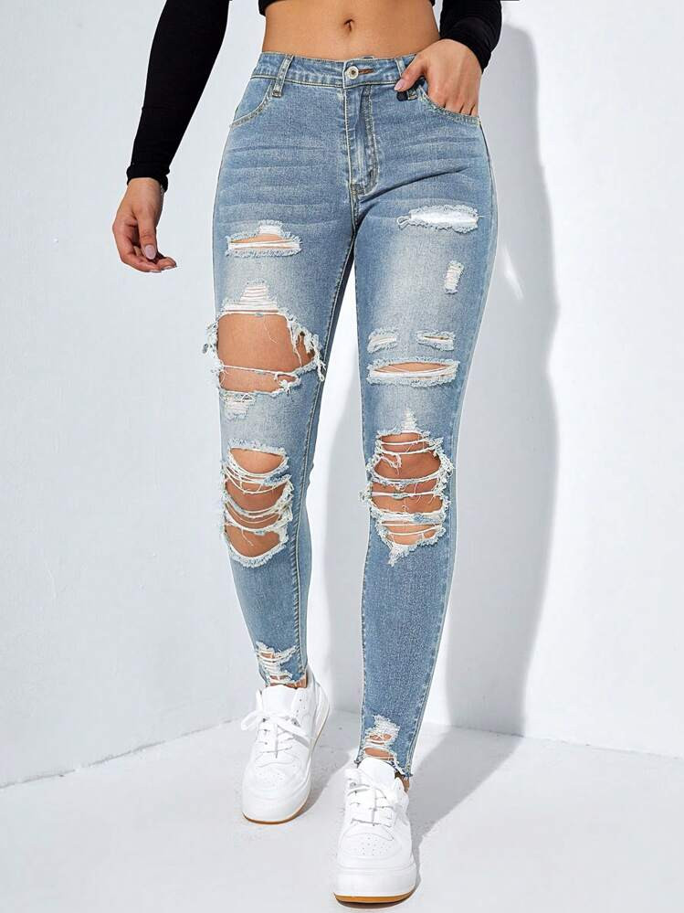 Jeanoix Ladies' Plain & Simple Everyday Distressed Denim Jeans | SHEIN